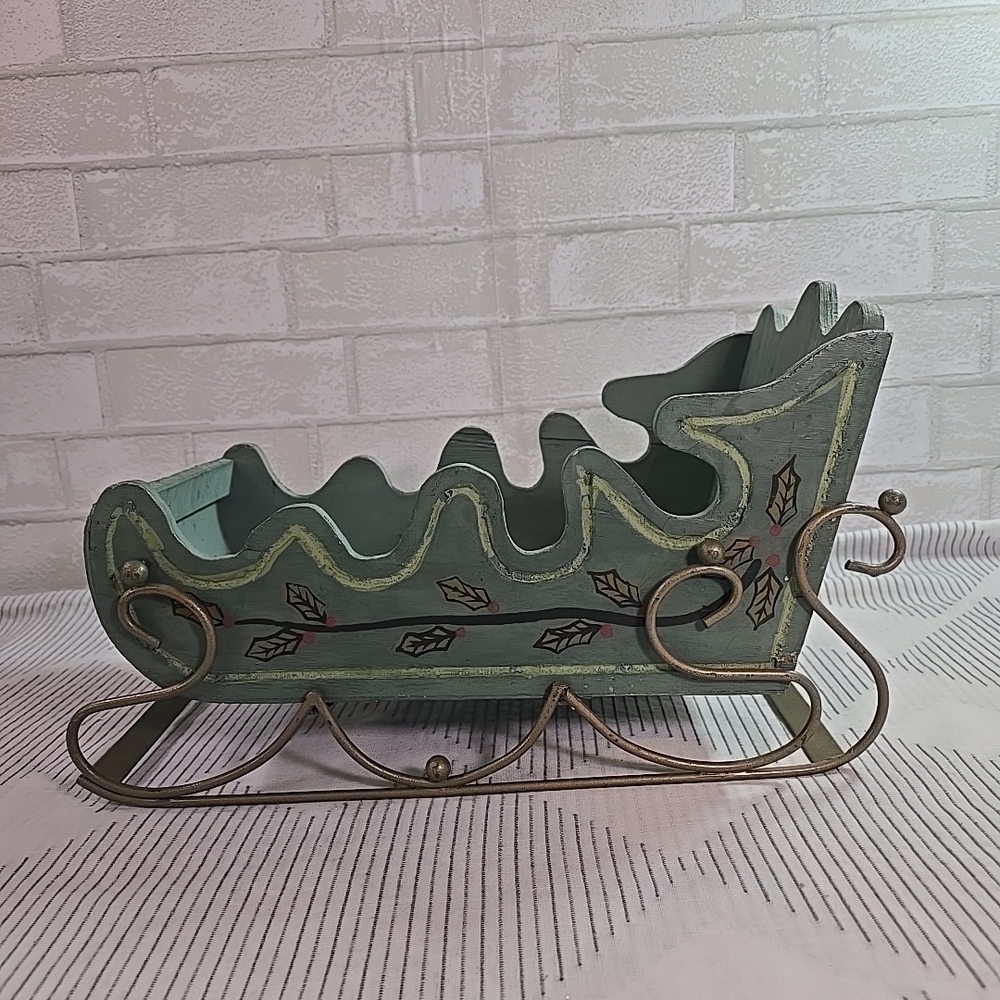 Vintage Hand Painted Green Wood Christmas Sleigh Holly Leaves Metal Skis 15"